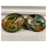Set of 2 Vintage India Art Brass Cloisonne Enamel Footed Bowls