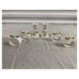 Four Ceramic Napkin Rings and Two Candlesticks
