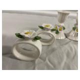 Four Ceramic Napkin Rings and Two Candlesticks