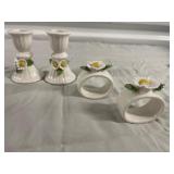 Four Ceramic Napkin Rings and Two Candlesticks
