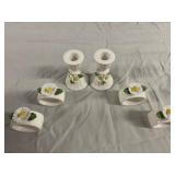 Four Ceramic Napkin Rings and Two Candlesticks