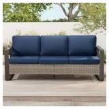 3-Seat Wicker Outdoor Patio Sofa Sectional Couch with Dark Blue Cushions   Customer Returns See Pictures