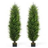 CAPHAUS 5 ft. Green Artificial Cedar Tree, Natural Faux Plants for Outside Planter with Dried Moss, UV Resistant, Set of 2 Customer Returns See Pictures