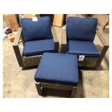 3-Piece Wicker Outdoor Rocking Chair Patio Conversation Set Swivel Chairs with Blue Cushions and Side Table  Customer Returns See Pictures