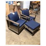 3-Piece Wicker Outdoor Rocking Chair Patio Conversation Set Swivel Chairs with Blue Cushions and Side Table  Customer Returns See Pictures