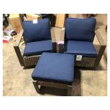 3-Piece Wicker Outdoor Rocking Chair Patio Conversation Set Swivel Chairs with Blue Cushions and Side Table  Customer Returns See Pictures