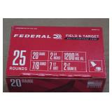 25 Federal Field & Target 20 Gauge 2-3/4" 7-1/2 Shot Shotshells