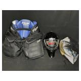 Goalie Gear inc. Helmet (does not inc cert stickers for competition use), HPG RBK JR-L Breezers, and Mesh Bag of Accesories