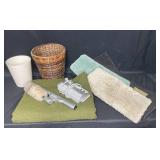 Variety of Bathmats, Wicker Trash Bin, Electric Duster, Power Strip, Large Green Throw (fleece/felt), Small White Trash Bin