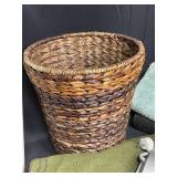 Variety of Bathmats, Wicker Trash Bin, Electric Duster, Power Strip, Large Green Throw (fleece/felt), Small White Trash Bin