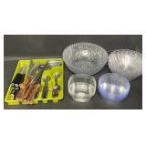 Decorative Hard Plastic Serving Bowls (Variety of Sizes) and Contents of Kitchen Utensils/Knives/etc