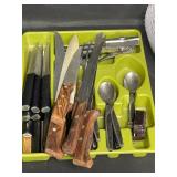 Decorative Hard Plastic Serving Bowls (Variety of Sizes) and Contents of Kitchen Utensils/Knives/etc