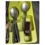 Decorative Hard Plastic Serving Bowls (Variety of Sizes) and Contents of Kitchen Utensils/Knives/etc
