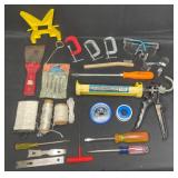 Variety of Hand Tools/Garage Items inc Caulk Gun, Twin/Rope, Variety of Screw Drivers, C-Clamp, Safety Glasses and More!