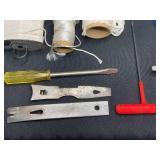 Variety of Hand Tools/Garage Items inc Caulk Gun, Twin/Rope, Variety of Screw Drivers, C-Clamp, Safety Glasses and More!
