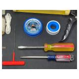 Variety of Hand Tools/Garage Items inc Caulk Gun, Twin/Rope, Variety of Screw Drivers, C-Clamp, Safety Glasses and More!