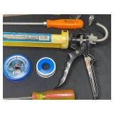 Variety of Hand Tools/Garage Items inc Caulk Gun, Twin/Rope, Variety of Screw Drivers, C-Clamp, Safety Glasses and More!