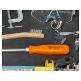 Variety of Hand Tools/Garage Items inc Caulk Gun, Twin/Rope, Variety of Screw Drivers, C-Clamp, Safety Glasses and More!