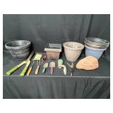 Lot of Plastic Planters and Gardening Tools. Rock with Phrase "Prom + Me = Rockin