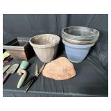 Lot of Plastic Planters and Gardening Tools. Rock with Phrase "Prom + Me = Rockin