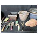 Lot of Plastic Planters and Gardening Tools. Rock with Phrase "Prom + Me = Rockin