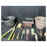 Lot of Plastic Planters and Gardening Tools. Rock with Phrase "Prom + Me = Rockin