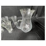Princess House Heritage Collection Etched Water/Cocktail Pitcher 10.5", Set of 7 VTG Engraved Floral Parfait/Iced Tea/Water Glasses