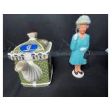 Lot of Queen Elizabeth II Decor and More inc. Vintage Show Stoppers Queen Mother Porcelain Doll w/ Stand, Franklin Heirloom Dainty Bess Porcelain Doll, Queen Elizabeth II Waving Figurine and Sadler St