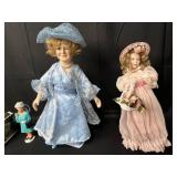 Lot of Queen Elizabeth II Decor and More inc. Vintage Show Stoppers Queen Mother Porcelain Doll w/ Stand, Franklin Heirloom Dainty Bess Porcelain Doll, Queen Elizabeth II Waving Figurine and Sadler St