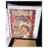 Lot of Great Britain/Royal Family Themed Collectibles, Coronation Coloring Book, Tea Cup and Saucer Set, 2 Park Scene Heirloom China Mugs and Small Wooden Display Case w/ Glass Door