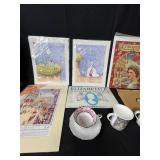 Lot of Great Britain/Royal Family Themed Collectibles, Coronation Coloring Book, Tea Cup and Saucer Set, 2 Park Scene Heirloom China Mugs and Small Wooden Display Case w/ Glass Door