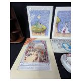 Lot of Great Britain/Royal Family Themed Collectibles, Coronation Coloring Book, Tea Cup and Saucer Set, 2 Park Scene Heirloom China Mugs and Small Wooden Display Case w/ Glass Door