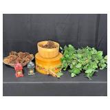 Home Decor - Faux Plant, 2 Tea Light Candle Lanterns, Baskets of Pine Cones and Round Wooden Storage Box w/ Inserts