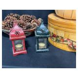 Home Decor - Faux Plant, 2 Tea Light Candle Lanterns, Baskets of Pine Cones and Round Wooden Storage Box w/ Inserts