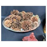 Home Decor - Faux Plant, 2 Tea Light Candle Lanterns, Baskets of Pine Cones and Round Wooden Storage Box w/ Inserts