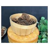 Home Decor - Faux Plant, 2 Tea Light Candle Lanterns, Baskets of Pine Cones and Round Wooden Storage Box w/ Inserts