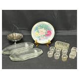 The Peony Garden Plate & Stand, 4 Glass Corn on the Cob Holder Dishes, 8 Salt Dips, 1 Mini Rectangle Dish