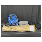 Embark Fold Up Chair, 2 Blankets - 1 Black (Liberty Mutual and One Grey) & Blue Sporting Goods Backpack