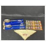 Royal Doulton "Old Country Roses Collection" Silver Plated Serving Spoon and Fork, Henry VIII and His Six Wives Fine Chocolate Mints, 1953 Coronation Handkerchief