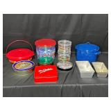 Blue Pot with Lid, 3 Bread Loaf Baking Pans and Fun Christmas Tins/Food Storage Containers
