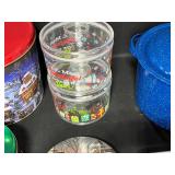Blue Pot with Lid, 3 Bread Loaf Baking Pans and Fun Christmas Tins/Food Storage Containers