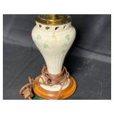 Belleek Shamrock Lamp Base, Belleek Santa Scene Holiday Plate w/ Original Box and Etched Glass Candle Holder w/ Beautiful Blue Floral/Bird Themed Pilar Candle