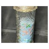 Belleek Shamrock Lamp Base, Belleek Santa Scene Holiday Plate w/ Original Box and Etched Glass Candle Holder w/ Beautiful Blue Floral/Bird Themed Pilar Candle