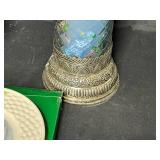 Belleek Shamrock Lamp Base, Belleek Santa Scene Holiday Plate w/ Original Box and Etched Glass Candle Holder w/ Beautiful Blue Floral/Bird Themed Pilar Candle