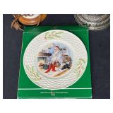 Belleek Shamrock Lamp Base, Belleek Santa Scene Holiday Plate w/ Original Box and Etched Glass Candle Holder w/ Beautiful Blue Floral/Bird Themed Pilar Candle