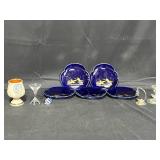 Prinknash Pottery 24K Gold Accented Cup, 5 Vintage Decorative Plates, Miniature Blow Glass Bird Bath, Bird and Hanging Bird Cage and More!