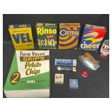 Vintage Twin Value Skips Potato Chip Box, Vel Box, Rinso Box, Cheer Box, Ajax Can and More Vintage Product Containers!