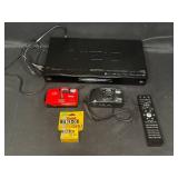 Vizio DVD Player with Remote, Red Vivitar LP45 Camera, Black Pentax Camera and Film Rolls