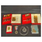 1953 Queen Elizabeth II Coronation Medal, Decorative QEII Stamped Pendant, Chicago Pendant and Bronze Miniature Spoons from S. Samran Thailand Co., LTD - Made in Thailand
