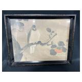VTG Black Framed Water Color a Bird Sitting on a Branch w/ Signature